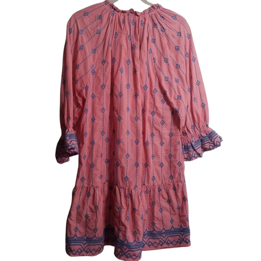 Umgee Women's Cotton Pink Blue Embroidered Mini Boho Prairie Dress Sz 1XL - Picture 2 of 6